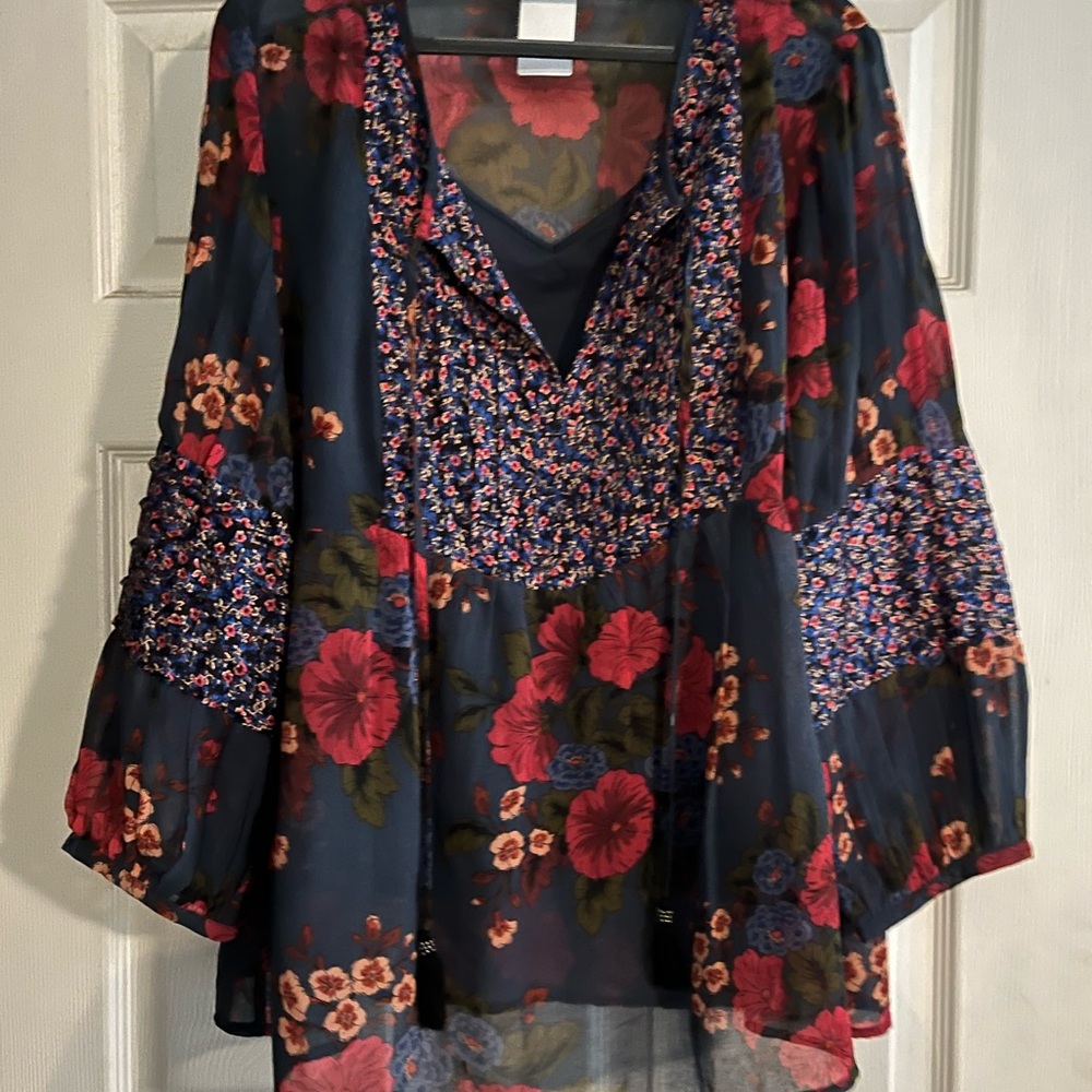 Floral Navy Peasant Blouse with Pink Red Blooms